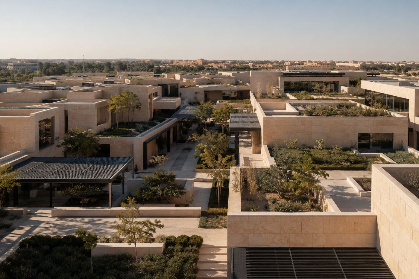 منظر جوي لمجمع أفنية من الحجر الجيري — aerial view of a limestone courtyard development