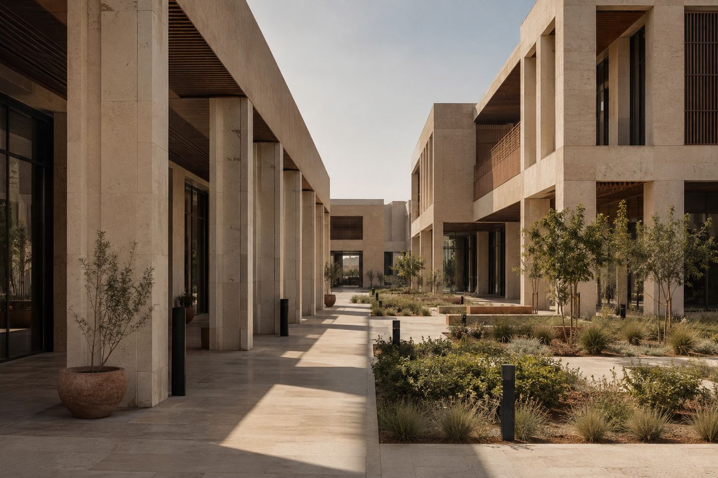فناء متعدد الاستخدامات بحدائق — a mixed-use limestone courtyard with gardens