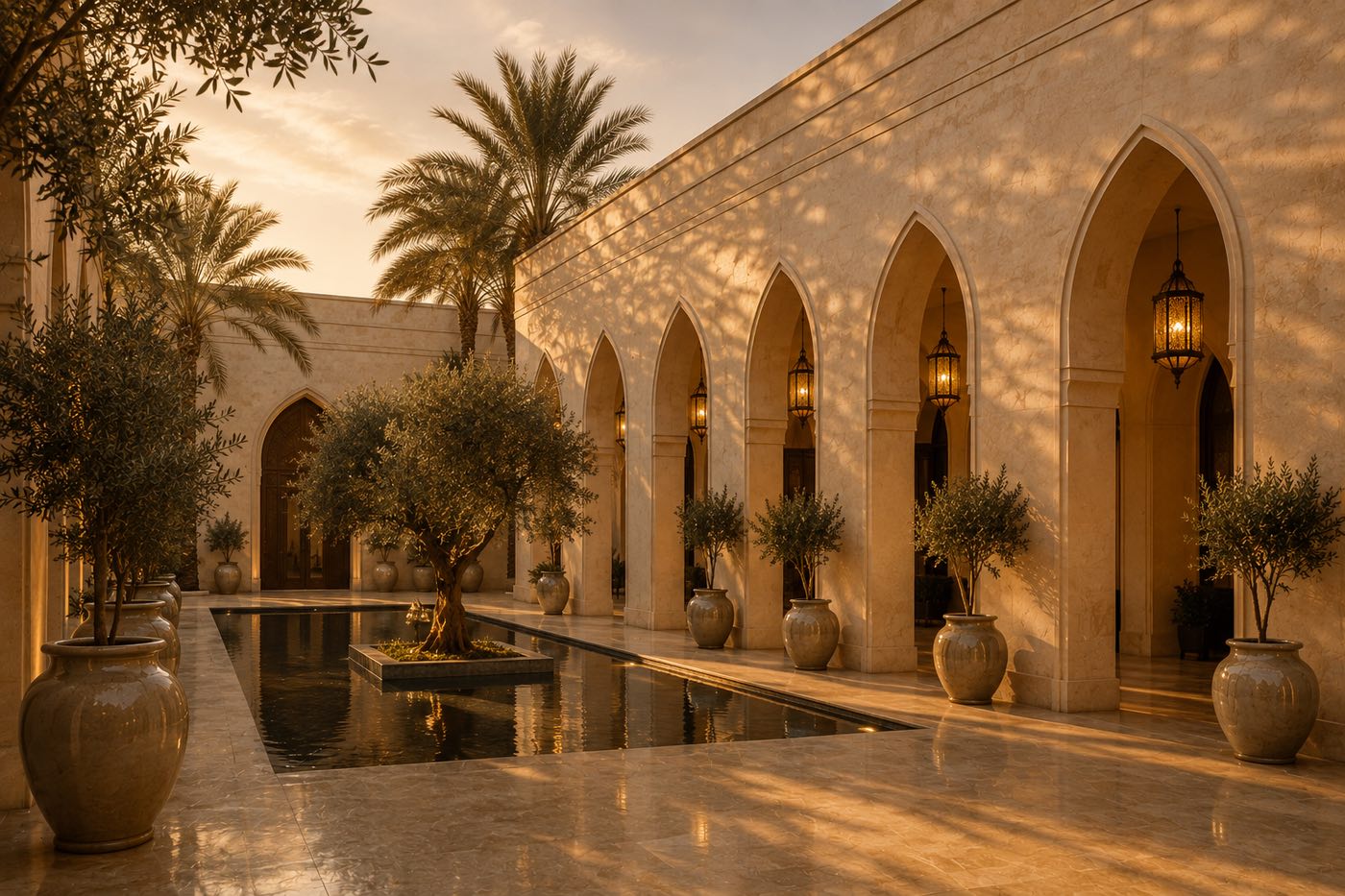 رواق حجري بمشربية برونزية في الرياض — a Riyadh limestone colonnade with a bronze screen