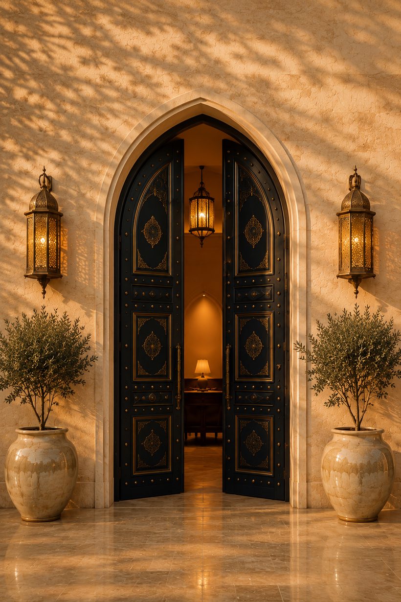 باب أزرق داكن مُشرَع على غرفة مضاءة — a blue-black door standing ajar onto a lit room