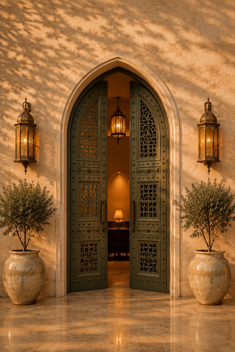 باب أخضر مُشرَع على مجلس مضاء — a green door standing ajar onto a lit majlis